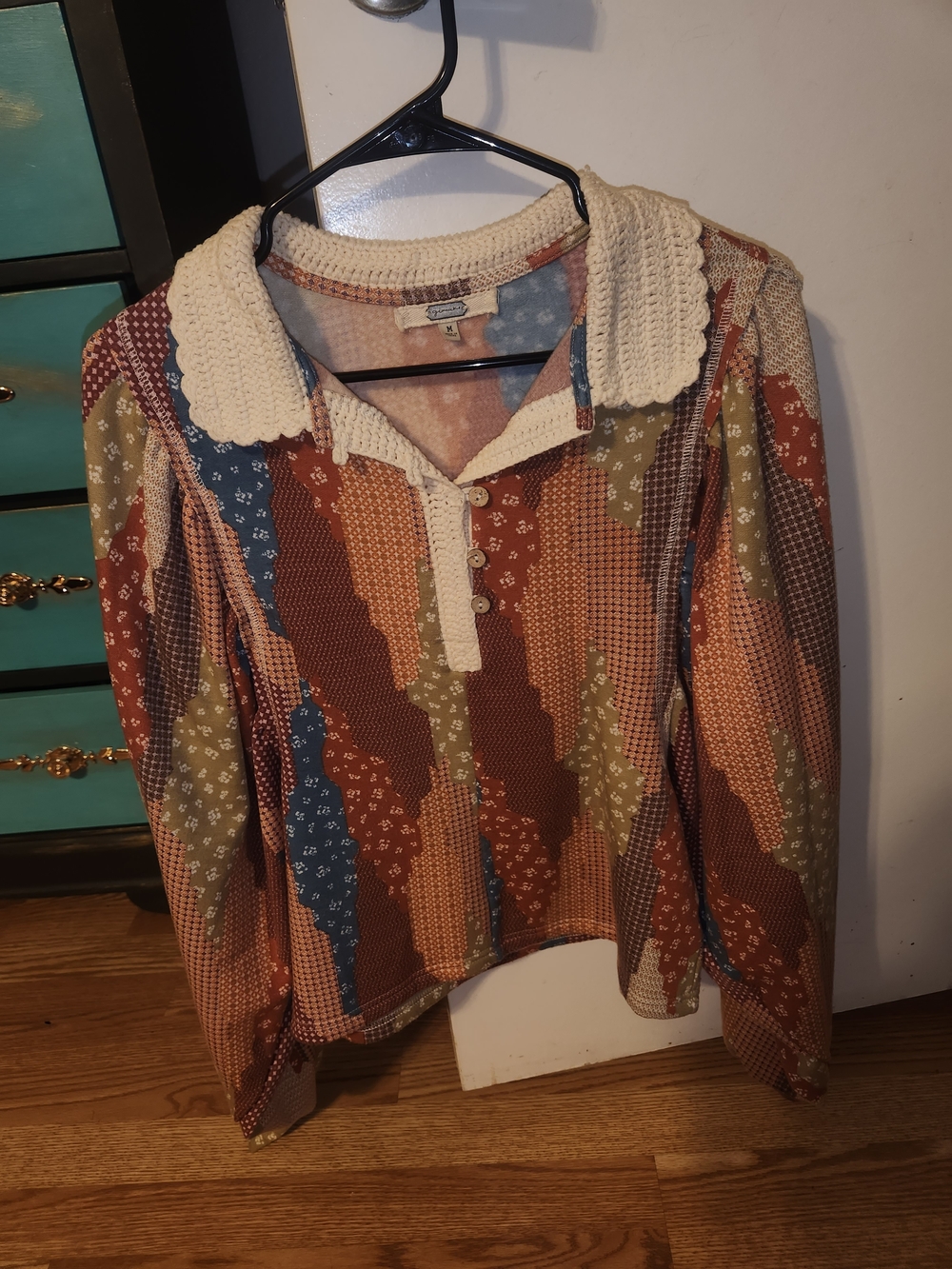 gimmicks by BKE Multi-Color Patchwork Knit Top with Cream Crochet Collar